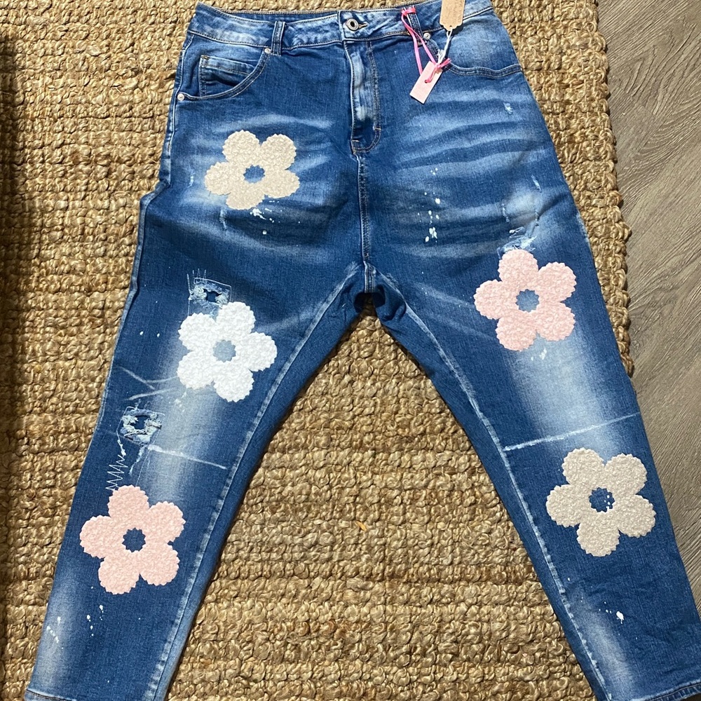Flower Power Distressed Painter Jeans – Retro Boho Floral Denim (15" Waist) NWT
